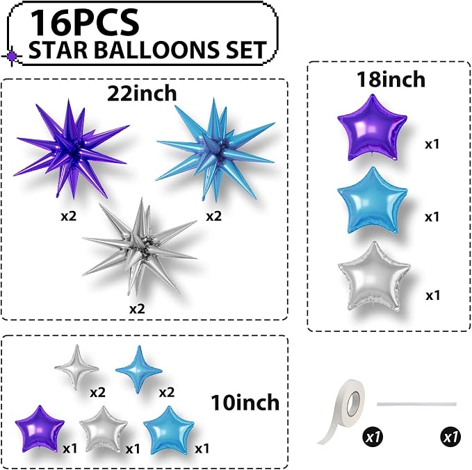 Blue Purple Silver Star Balloons, 22/18/10 Inch Foil Balloons, Four-Pointed - Image 2
