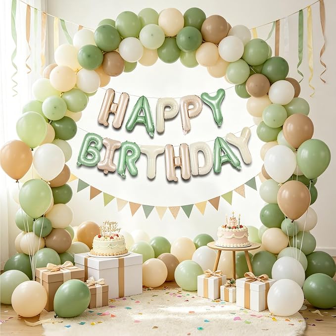 TONIFUL 16 Inch Apricot Sage Green Cream White Happy Birthday Foil Balloons | - Image 5