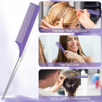 Hair Brush with Hair Styling Comb Set, Purple, Detangling Hair Brushes for Women Men Kids Curly Hair, Includes Detangler Brush, Teasing Hair Brush, Rat Tail Comb, Edge Brush