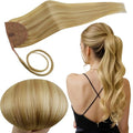 RUNATURE Ponytail Extension Human Hair, Blonde Real Hair Ponytail Extension, Wrap Around Human Hair Ponytail, Daily Wearing, Easy to Install, 18 Inch 80g #16P24 Golden Blonde Highlights