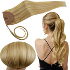 RUNATURE Ponytail Extension Human Hair, Blonde Real Hair Ponytail Extension, Wrap Around Human Hair Ponytail, Daily Wearing, Easy to Install, 18 Inch 80g #16P24 Golden Blonde Highlights