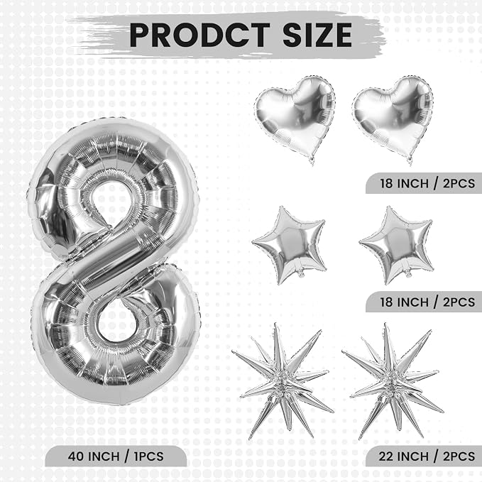 TONIFUL 8th Birthday Balloons Kit 40Inch Silver Large Number 8 Foil Balloon | - Image 2