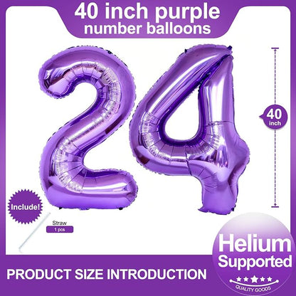 Number 24 Purple Balloons 40 Inch Giant Purple 24 Number Foil Helium Balloons - Image 2