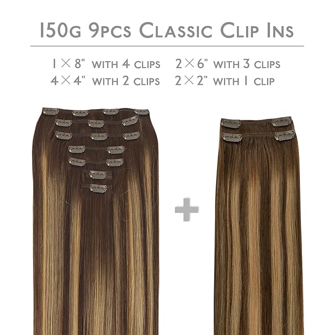 WENNALIFE Clip in Hair Extensions, 150g 14 Inch 9pcs Balayage Chocolate Brown to Honey Blonde Human Hair Extensions Thicker Clip in Hair Extensions Real Human Hair Clip Set Double Weft