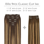 WENNALIFE Clip in Hair Extensions, 150g 14 Inch 9pcs Balayage Chocolate Brown to Honey Blonde Human Hair Extensions Thicker Clip in Hair Extensions Real Human Hair Clip Set Double Weft
