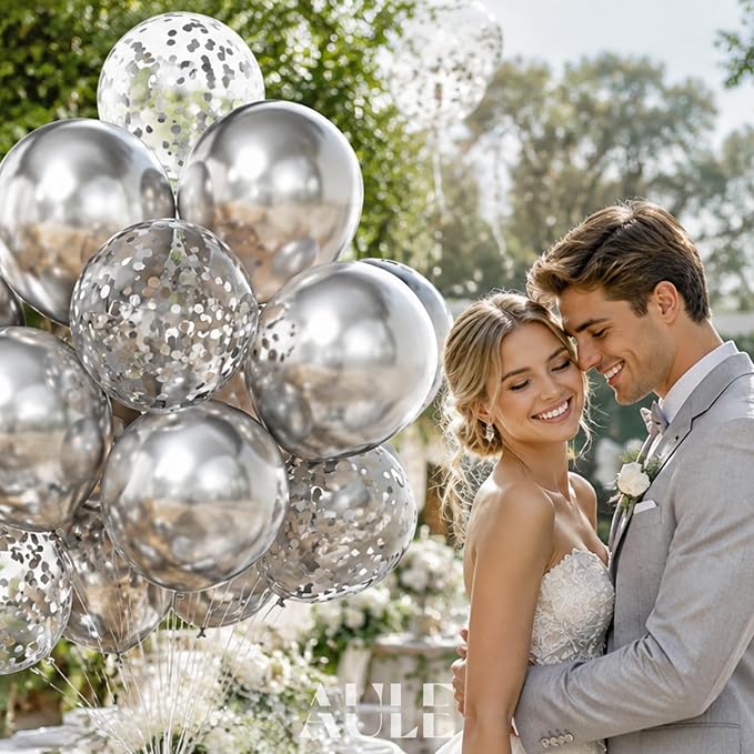 AULE 42Pcs Metallic 12 Inch Silver Confetti Balloons Set | Silver Party Balloons - Image 2