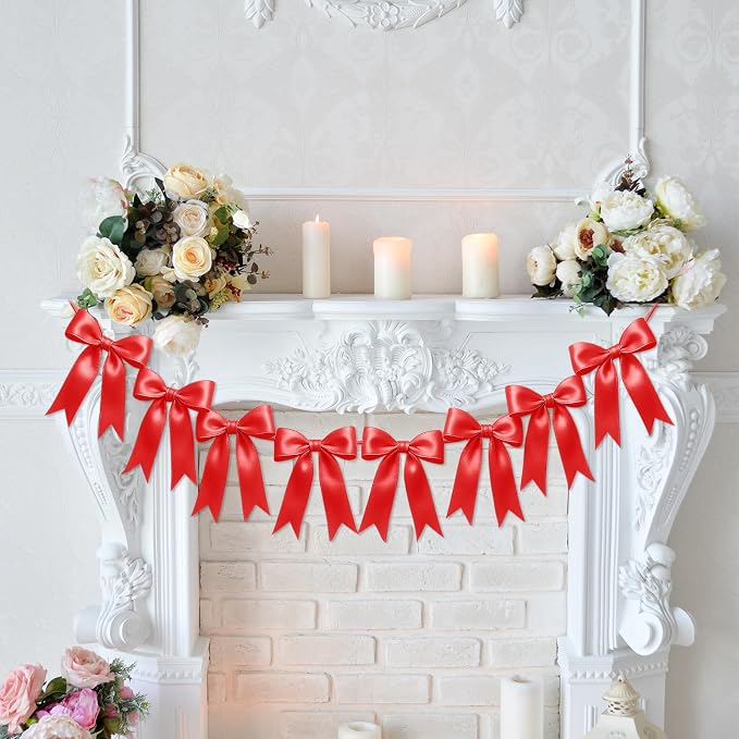 1 String of 8PCS Red Bow Garland Banner Decoration, Pre-Strung Satin Ribbon - Image 7