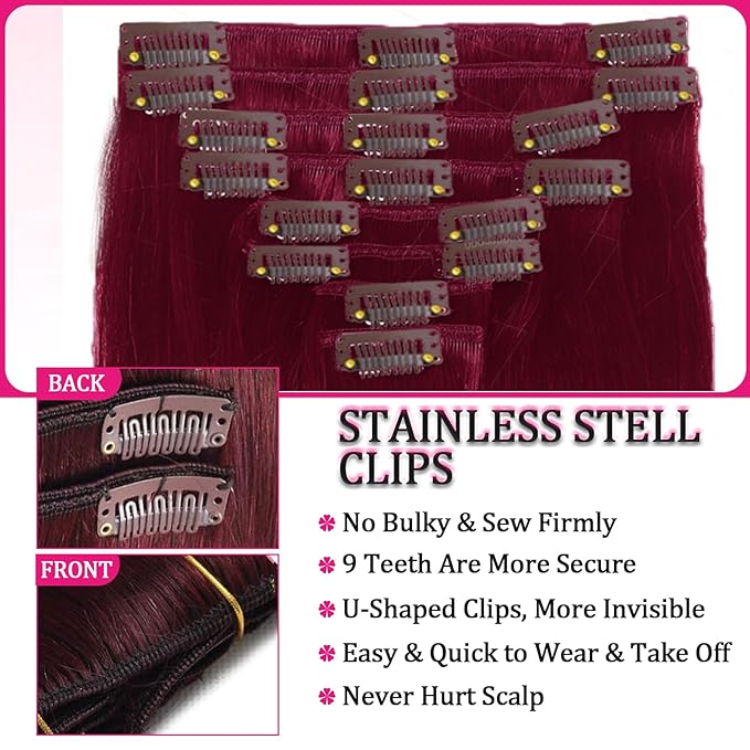 Clip in Hair Extensions Real Human Hair 125g Burgundy Real Hair Extensions Human Hair Clip ins 8pcs 18clips Double Weft Human Extensions for Women Hair Loss and Thinning Hair