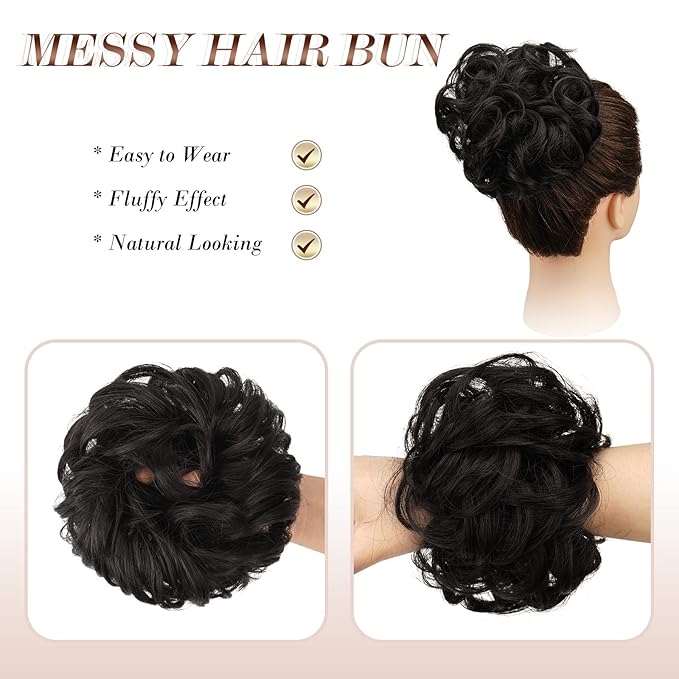FESHFEN Messy Bun Hair Piece - Large Elastic Wavy Curly Hair Bun Scrunchies Ponytail Extensions Synthetic Chignon Hairpieces for Women, Black Brown 1.94oz