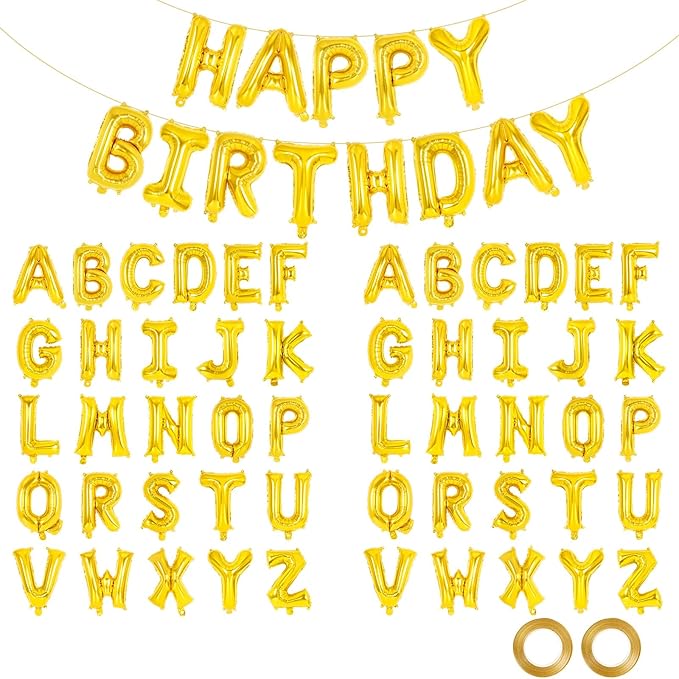 65 Pcs Gold Happy Birthday Balloons, 2 Sets A-Z Gold Letters Foil Balloons by Unknown