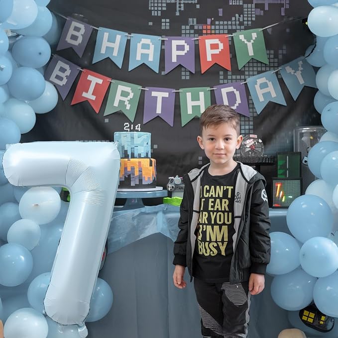 7th Birthday Balloons for Boys, Pastel Dusty Sky Blue Large Helium Mylar 7 - Image 4