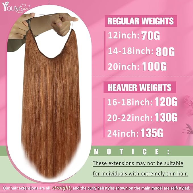YoungSee Invisible Wire Hair Extensions Copper Color Hair Extensions Wire Light Copper Human Hair Headband Extensions for Women 18inch 80g