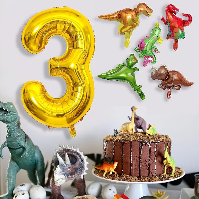 LilyZheng Dinosaur Number 3 Balloon, 40 Inch Large Gold Foil Number Balloon - Image 4