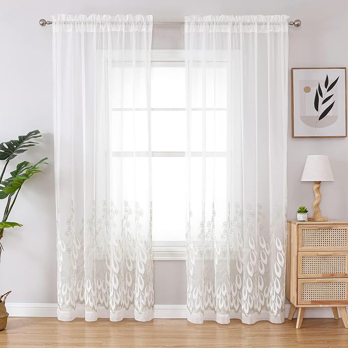 White Sheer Voile Curtains White Embossed Drip 54Wx72L Inch | Light Filtering - Image 2