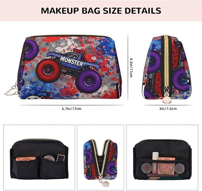 Monster Truck Car Grunge Leather Makeup Bag Cosmetic Pouch Portable Travel - Image 4