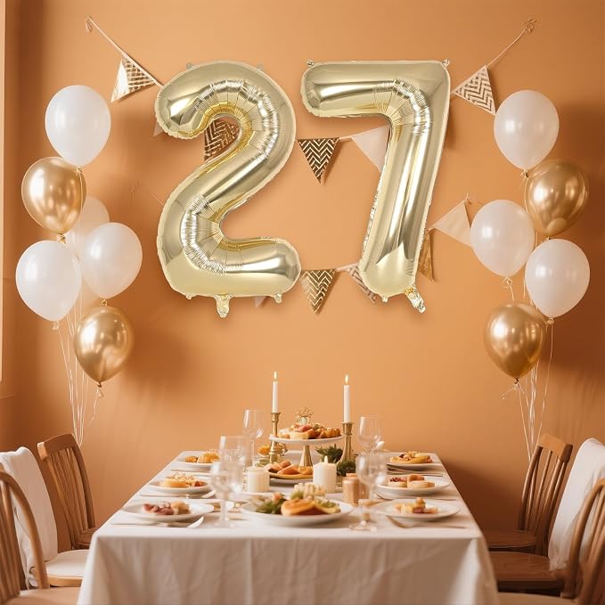 Champagne Gold Large Number 27 Balloon, 40 Inch Light Gold Foil Helium Number - Image 3