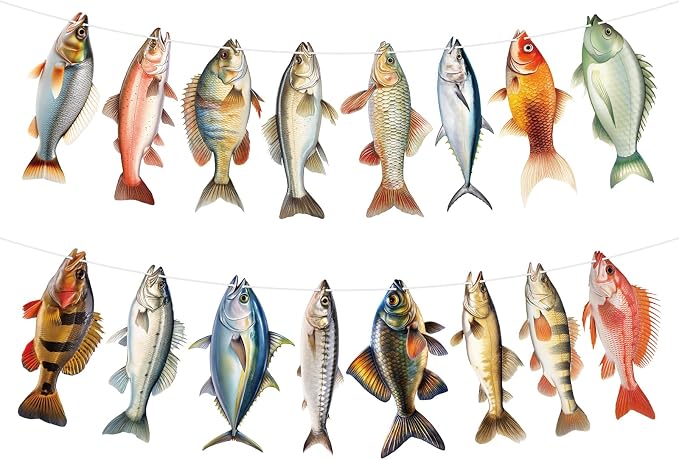 Hooqict Fishing Hanging Banner Garland Fish Birthday Party Banner by Hooqict