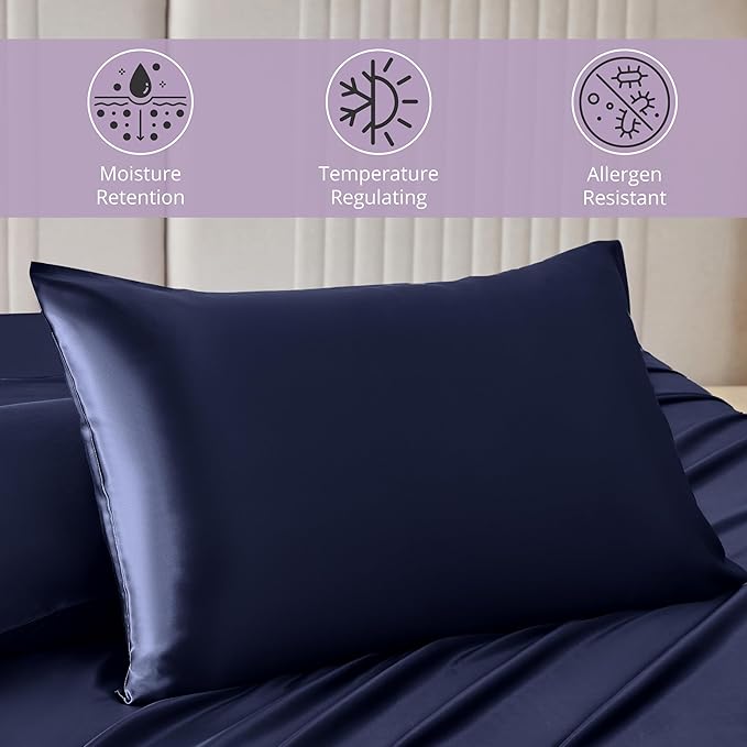 Mulberry Park 30 Momme 100% Pure Mulberry Silk Pillowcase - Luxury Charmeuse Weave for Hair and Skin, Cooling Silk Pillow Cover for Beauty Sleep - King Size 20"x30" / Navy