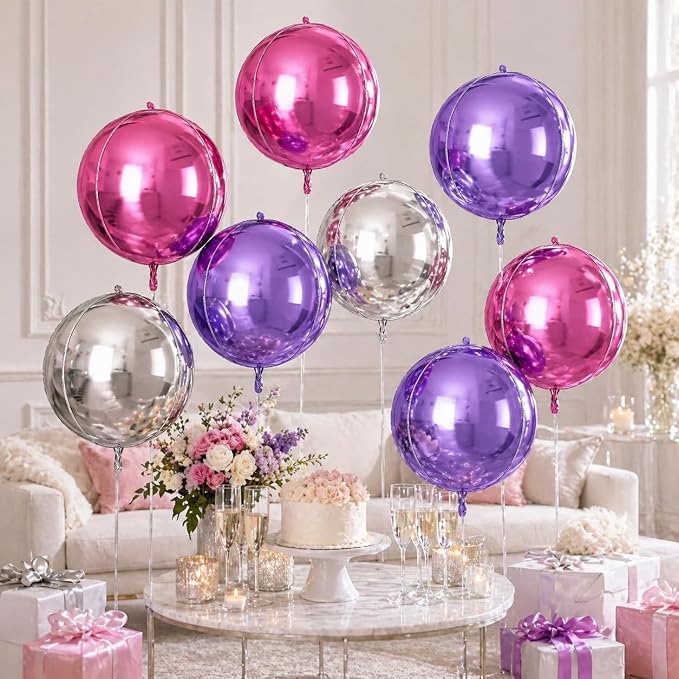 Pink Purple Silver Round Foil Balloons 9 pcs, Metallic Giant 4D Round Balloons - Image 5