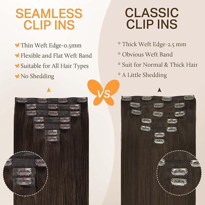 DOORES Clip in Human Hair Extensions, Light Dark Brown 80g 7pcs 12 Inch, Human Hair Extensions Seamless Remy Wefts Straight Thick Weft for Women