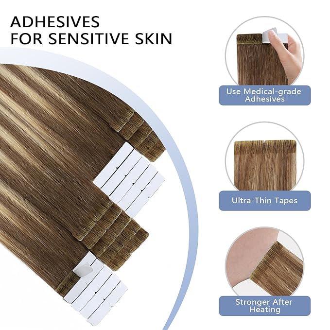 COOKAYU Invisi Edge Tape in Hair Extensions, Tape in Human Hair Extensions Walnut Brown to Ash Brown and Blonde Seamless Injected Human Hair 20pcs/pack 22Inch 50g