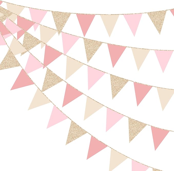 Champagne Gold Dusty Rose Pink Beige Party Pennant Banner Flag Hanging Glitter by pinkblume