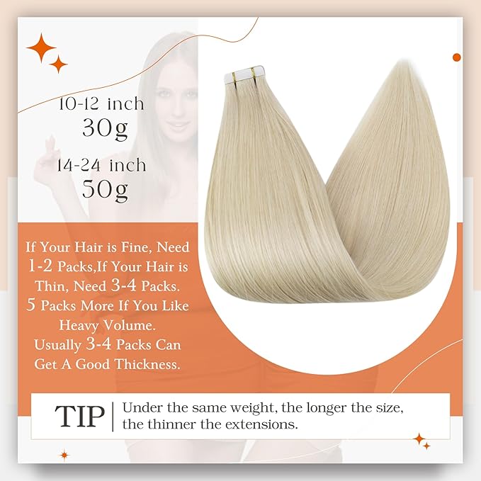 Full Shine Remy Hair Extensions Real Human Hair Tape in 14Inch Seamless Tape Hair Extensions 613 Bleach Blonde Tape ins Silky Straight Hair 20pcs Double Sided Adhesive Tapes in Hair 50g for Women