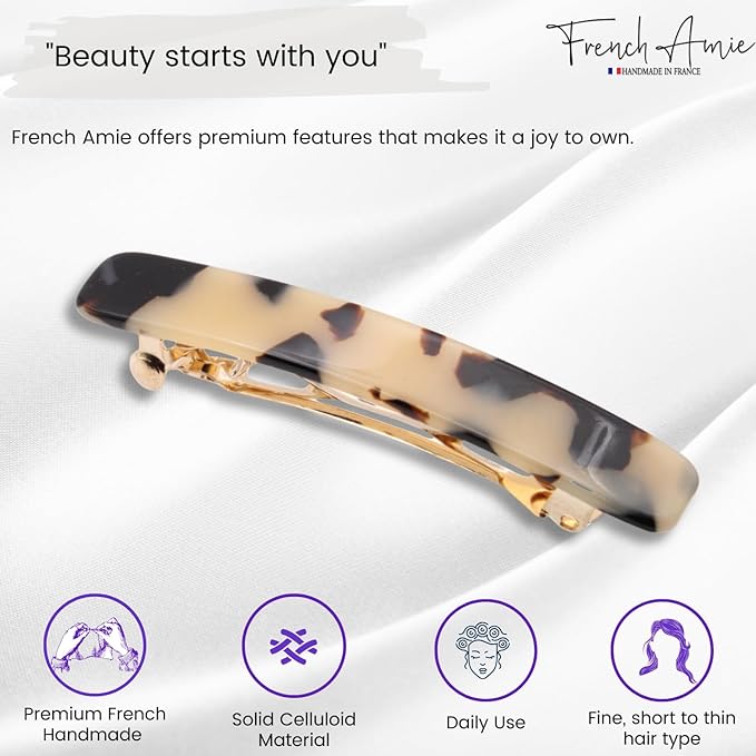 French Amie Small 2 1/4 inch Celluloid Handmade Hair Barrette No Slip Grip Durable Styling Women Hair Accessories Hair Clip for Girls, Made in France(White Tokyo)