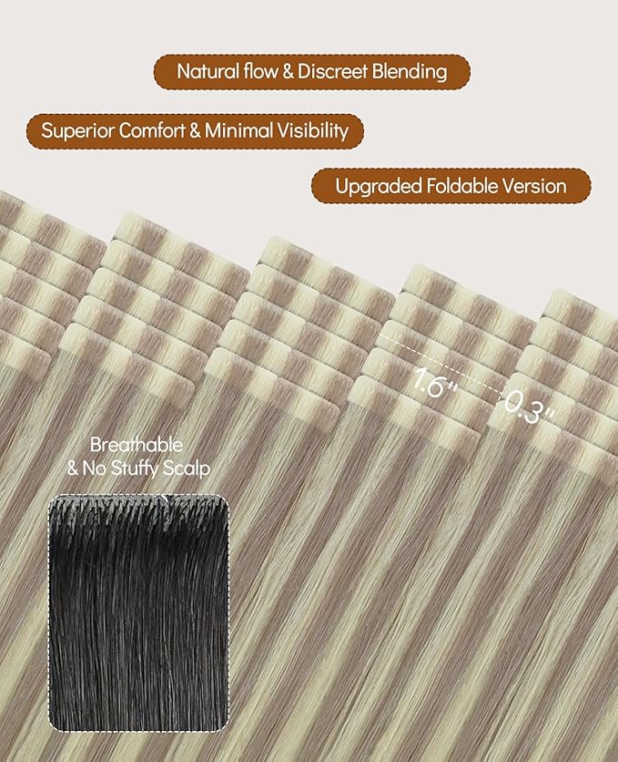 VINBAO Injected Tape in Hair Extensions Ash Blonde Highlights Platinum Blonde Invisi Edge Tape in Extensions Human Hair 45g 20pcs Hand Tied Tape Weft 16inch #18P60