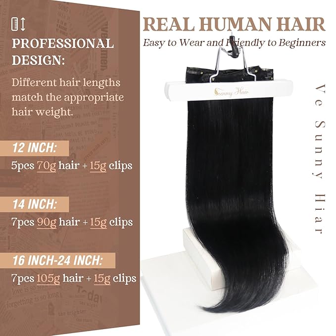 Ve Sunny Clip in Hair Extensions Real Human Hair, Clip on Hair Extensions for Women, Human Hair Clip in Extensions Jet Black Hair Extensions Natural 5pcs 12inch 80g