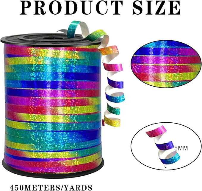 500 Yards Rainbow Laser Curling Ribbon, 1/5" Holographic Curly Ribbons - Image 2