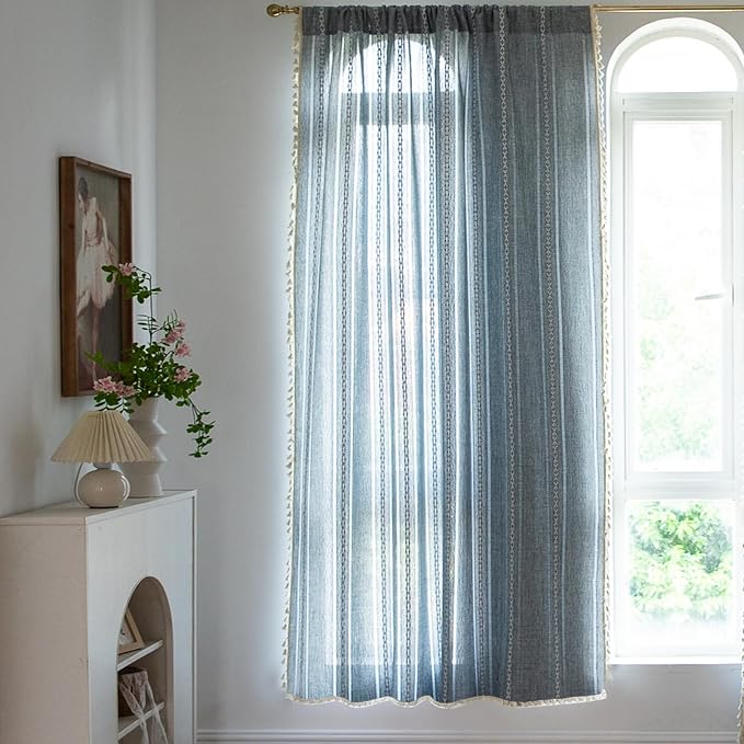 Sutuo Home Blue Boho Curtains Living Room, Semi-Blackout French Country Linen - Image 3