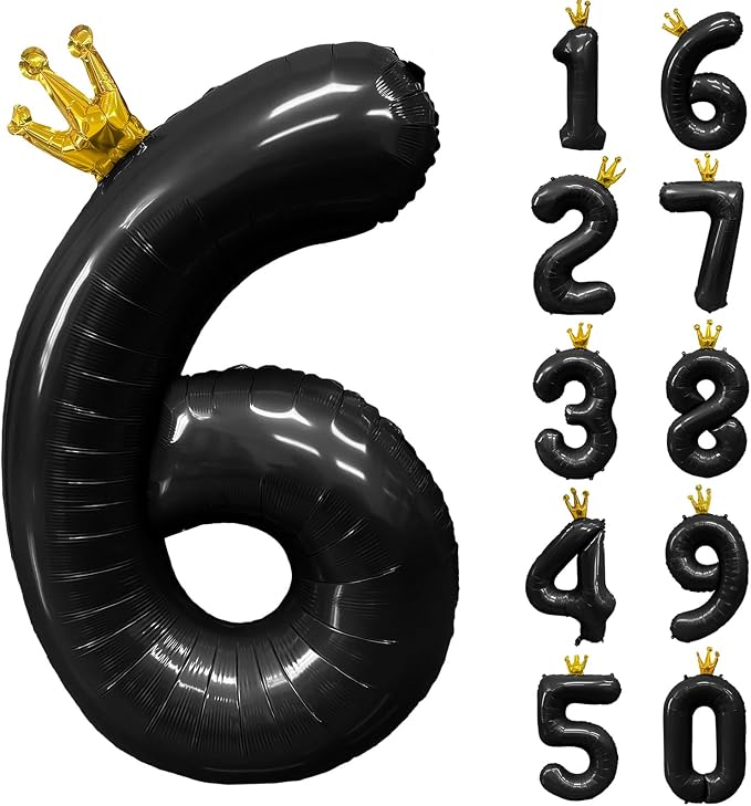 Black Number 6 Balloon with Crown, 40 inch Black Number Balloon 6th Birthday by Yeodong