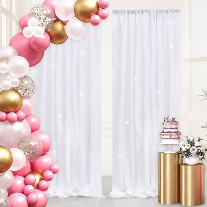 White Sequin Backdrop Curtains Party Photo Glitter Drapes 2 Pcs 2FTx8FT | - Image 6