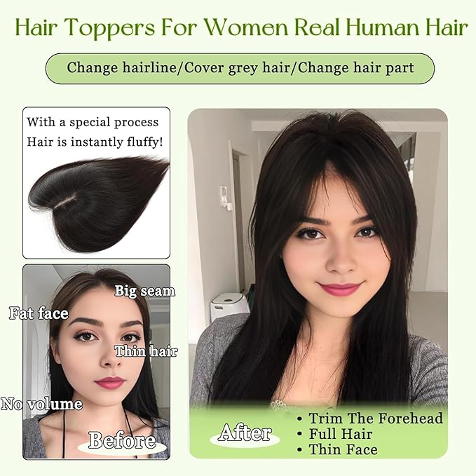 Hair Toppers for Women Real Human Hair, 360°3D Bangs Clip Human Toppers for Women with Thinning hair Realistic Scalp Line (Medium Brown, 3D Side Bangs (11 * 7))