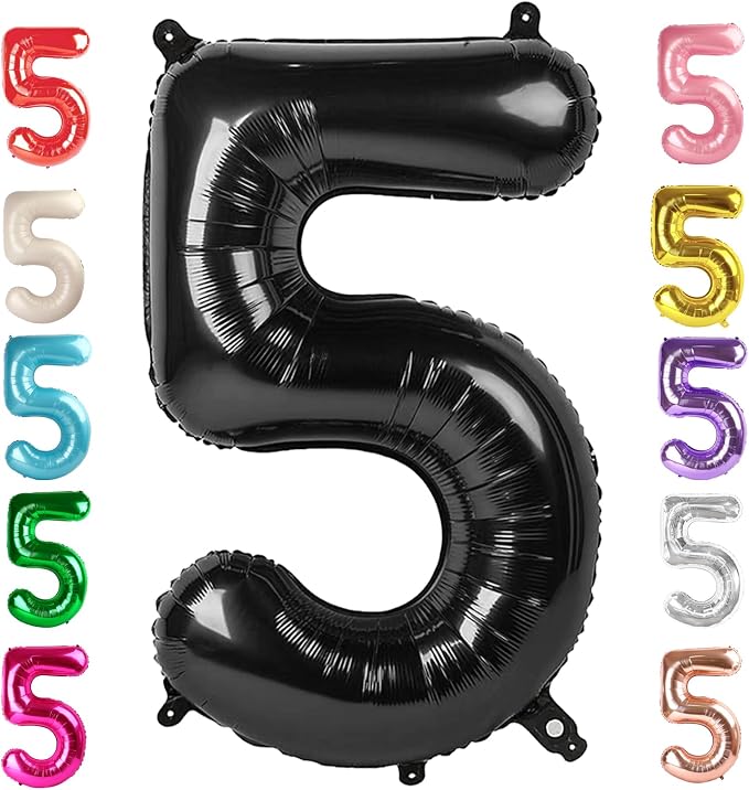 Number 5 Balloons Birthday Decorations, 40In Black Balloons by Mluchee
