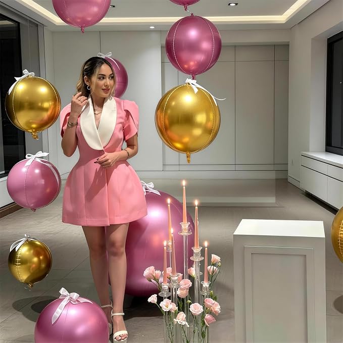 9 Pcs Pink Gold Round Foil Balloons Baby Light Pink Metallic Gold Chrome 4D - Image 3