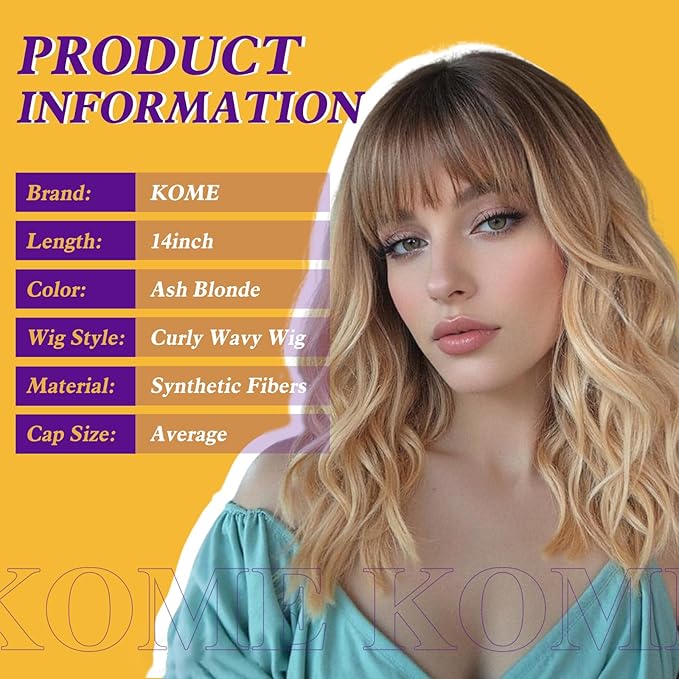Curly Bob Wig with Bangs Short Wavy Ash Blonde Wigs for Women Lob Haircut Synthetic Heat Resistant Bob Wigs 14IN…