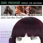AISI HAIR Synthetic Wavy Curly Bob Wig with Bangs Ombre Dark Red Short Hair Wigs for Women Synthetic Heat Resistant Bob Wigs
