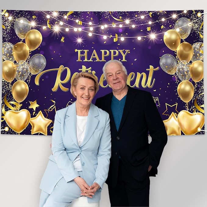 Happy Retirement Backdrop Purple and Gold Happy Retirement Sign Banner Photo - Image 2