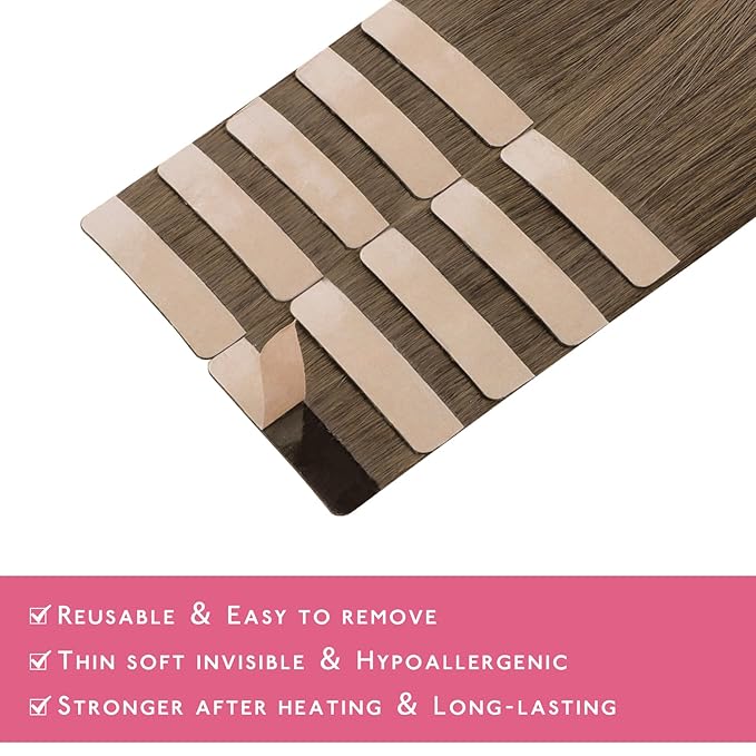 WENNALIFE Tape in Hair Extensions Human Hair Light Ash Brown Tape in Extensions, 10pcs 30g 20 inch Remy Invisible Tape Ins Straight Colored Soft Real Human Hair Tape in Extensions Refill Set