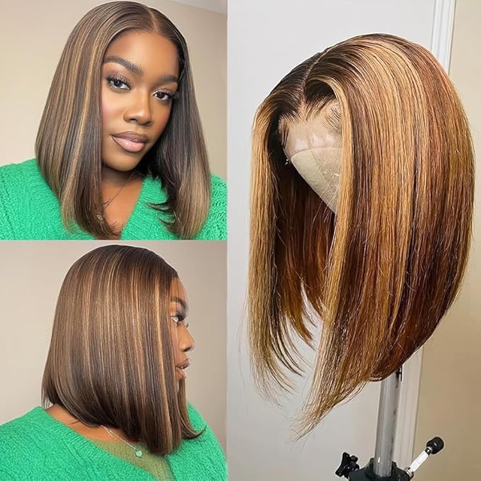 4/27 Ombre Highlight Bob Wig Human Hair 10 inch straight 427 bob wig 13x4 Highlight HD Lace Frontal Bob Wig Human Hair 180% Density Pre Plucked Ombre Short Bob Wigs for Black Women