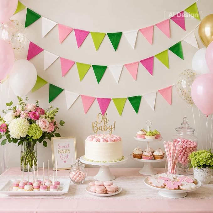 G2PLUS Pre-Strung Burlap Pennant Banners, 39Ft Pink and Green Fabric Triangle - Image 5