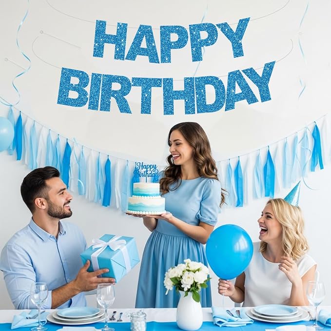 BEISHIDA Pre-Strung Glitter Sky Blue Happy Birthday Banner Party Sign Decor | - Image 5