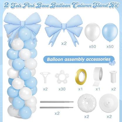 2 Sets Light Blue White Bow Balloon Column Stand Kit Includes 2 Bows & 100 - Image 2
