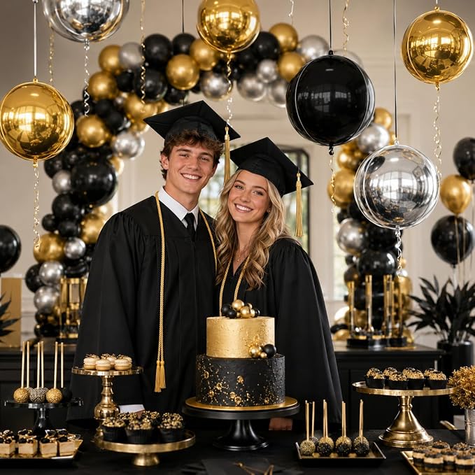 Black and Gold Round Foil Balloons, 22 Inch 4D Sphere Metallic Balloons - Image 3