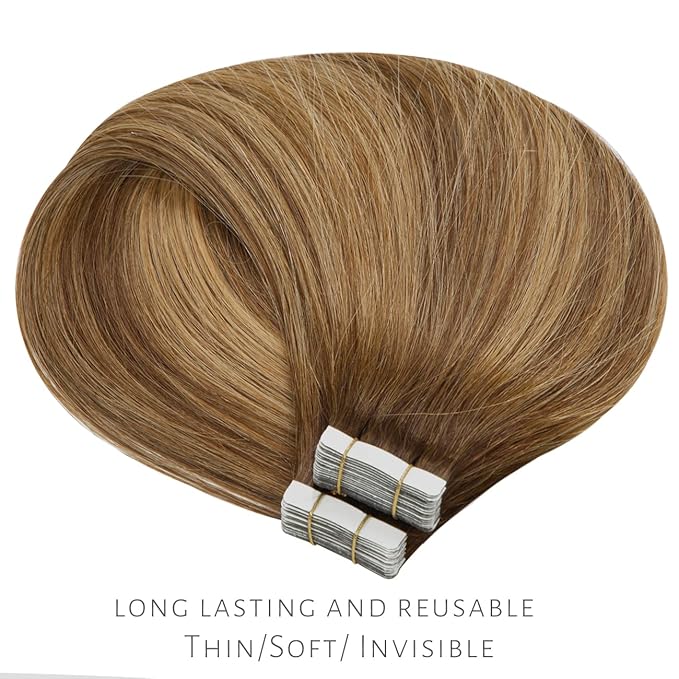 Lacer Tape in Hair Extensions Real Human Hair 20 Pieces 50 Grams Chocolate Brown to Strawberry Blonde Highlights with Chocolate Brown Roots R#4-4/27 22 Inches