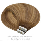 Lacer Hair Extensions Human Hair Tape in 18 Inch Highlight Chocolate Brown to Caramel Blonde with Brown Roots Tape in Real Human Hair Extensions R#4-4/27