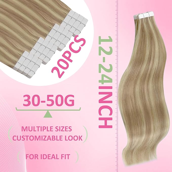 YoungSee Tape in Hair Extensions Human Hair Highlight Blonde Invisible Tape on Remy Hair Extensions Blonde Hair Extension Tapes in 22 Inch 20pcs 50g Long Straight Hair for Women