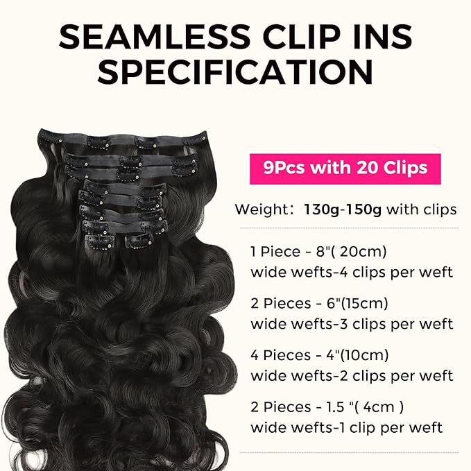 Lashey Seamless Clip in Hair Extensions Human Hair Body Wave 150g 9pcs Natural Black 24 Inch Clip in Hair Extensions Human Hair PU Clip ins with Invise Edge for Women